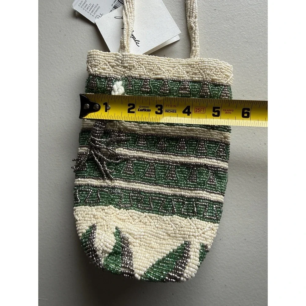 FREE PEOPLE Beaded Tassel Pouch NWT Green Ivory Drawstring Beaded Bag - Picture 13 of 13